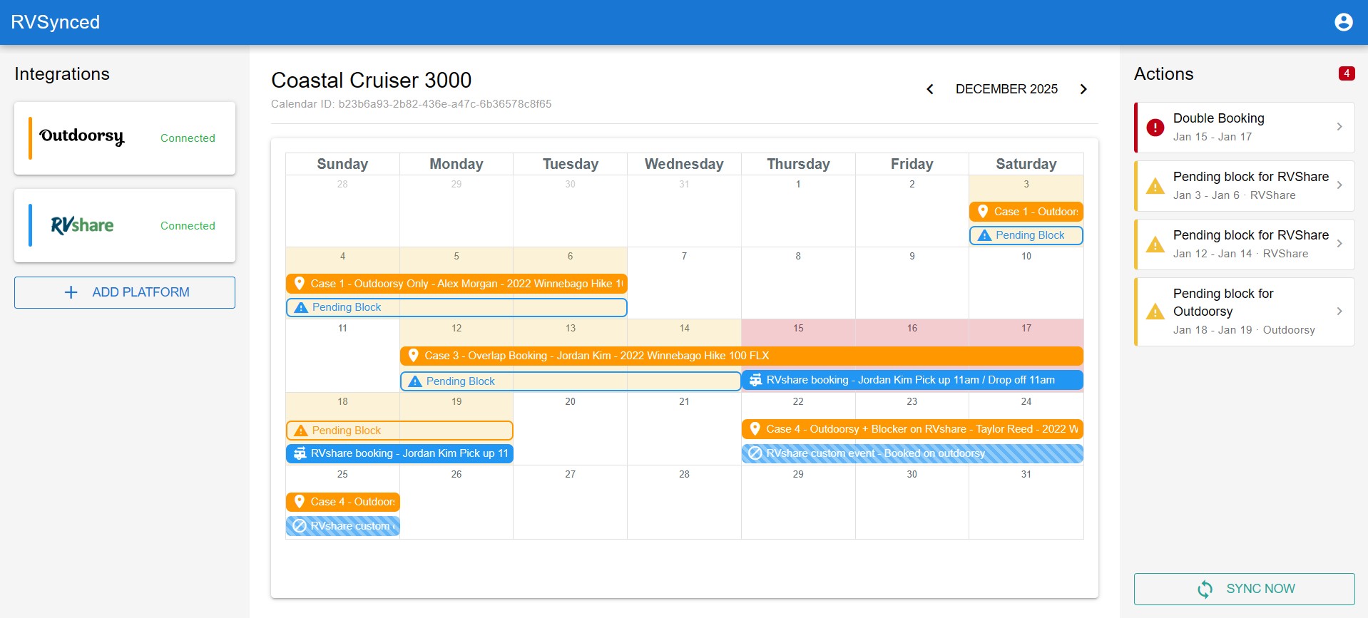 RVSynced Calendar showing booking overlaps