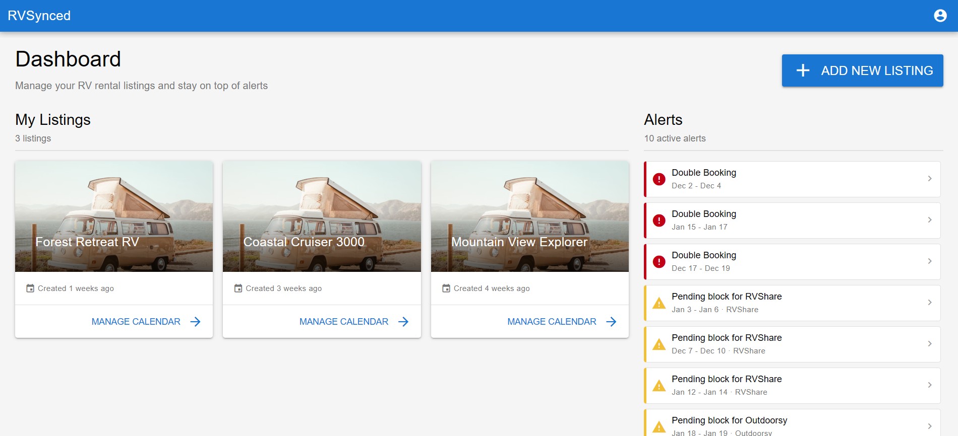 RVSynced Dashboard showing alerts and listings